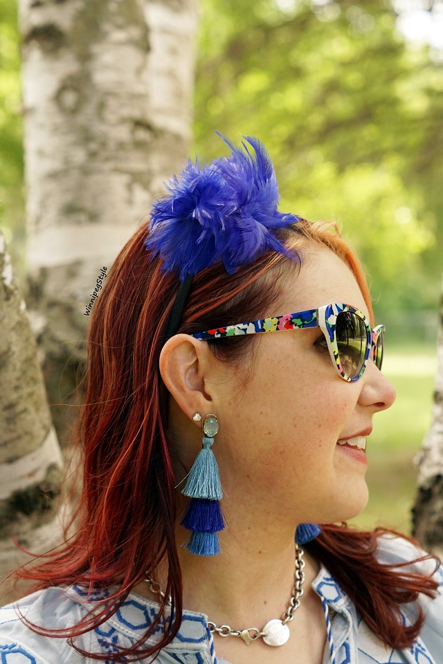 Winnipeg Style, Canadian Stylist fashion blog consultant, Anthropologie blue layered tassel earrings, Kate Spade New York retro printed sunglasses, Return to Tiffany tag silver necklace